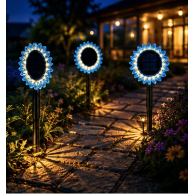 Lampa solara decorativa de gradina si de perete Floarea Soarelui 35cm ALBASTRA cu led alb cald