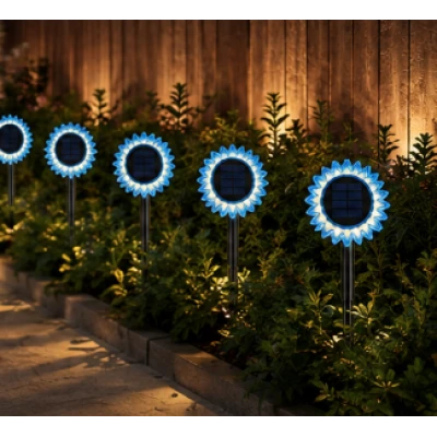 Lampa solara decorativa de gradina si de perete Floarea Soarelui 35cm ALBASTRA cu led alb cald