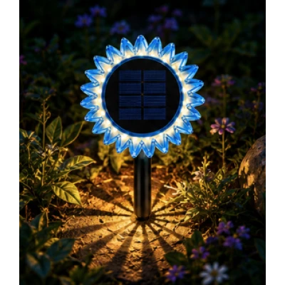Lampa solara decorativa de gradina si de perete Floarea Soarelui 35cm ALBASTRA cu led alb cald