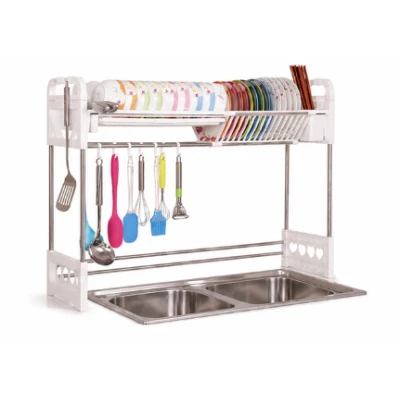 Suport vase deasupra chiuvetei 2 niveluri cu scurgere si suport ustensile 24 × 75 × 51 cm