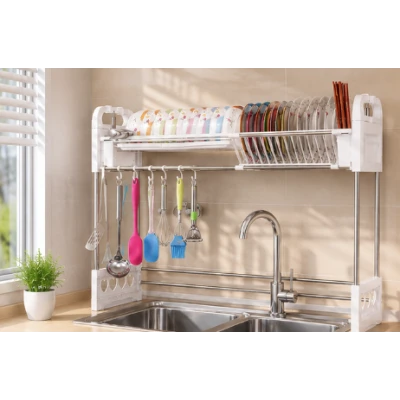 Suport vase deasupra chiuvetei 2 niveluri cu scurgere si suport ustensile 24 × 75 × 51 cm