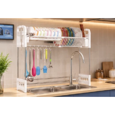 Suport vase deasupra chiuvetei 2 niveluri cu scurgere si suport ustensile 24 × 75 × 51 cm
