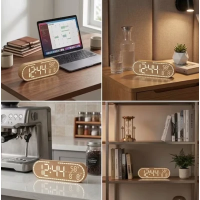 Ceas Digital de Birou 8053 afisaj LED Mare alarma temperatura data si ziua saptamanii design Lemn