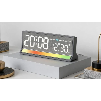 Ceas Digital LED 5536 cu alarma si Lumina RGB afisaj mare data si ziua saptamanii 2 alarme snooze Luminozitate Reglabila