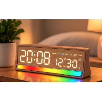 Ceas Digital LED 5536 cu alarma si Lumina RGB afisaj mare data si ziua saptamanii 2 alarme snooze Luminozitate Reglabila