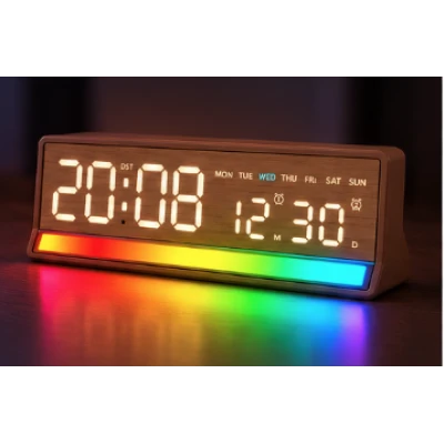 Ceas Digital LED 5536 cu alarma si Lumina RGB afisaj mare data si ziua saptamanii 2 alarme snooze Luminozitate Reglabila