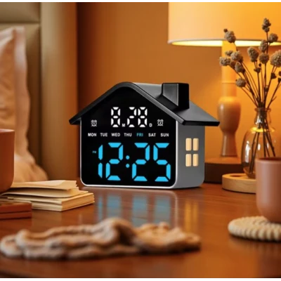 Ceas Digital cu alarma design CASUTA 9033 afisaj LED data si ziua saptamani 2 Alarme Negru