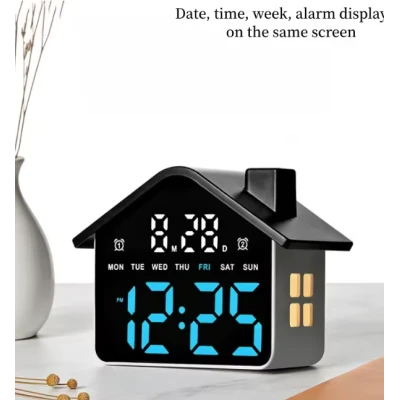 Ceas Digital cu alarma design CASUTA 9033 afisaj LED data si ziua saptamani 2 Alarme Negru