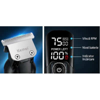 Aparat de tuns Profesional Kemei KM 1358 de 7500 RPM display LED acumulator 1200mAh  USB 4 Piepteni