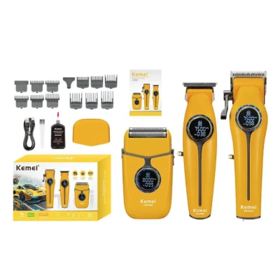 Kit Profesional Kemei KM 8566 model 3 in 1 Masina de Tuns + Trimmer + Shaver display digital