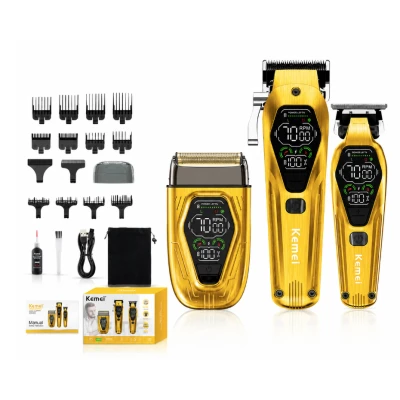 Set Profesional 3 in 1 Kemei KM 8551 Masina de Tuns + Trimmer Contur + Aparat de Ras 9000 RPM display LED 12 Piepteni