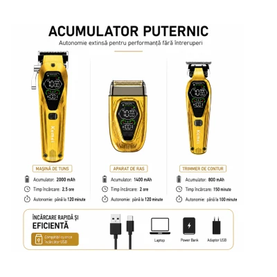 Set Profesional 3 in 1 Kemei KM 8551 Masina de Tuns + Trimmer Contur + Aparat de Ras 9000 RPM display LED 12 Piepteni