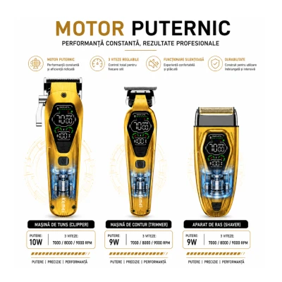 Set Profesional 3 in 1 Kemei KM 8551 Masina de Tuns + Trimmer Contur + Aparat de Ras 9000 RPM display LED 12 Piepteni