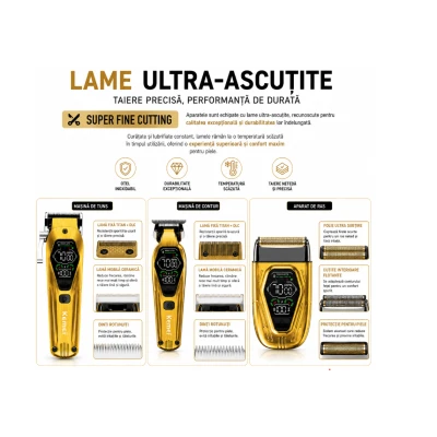 Set Profesional 3 in 1 Kemei KM 8551 Masina de Tuns + Trimmer Contur + Aparat de Ras 9000 RPM display LED 12 Piepteni