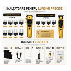 Set Profesional 3 in 1 Kemei KM 8551 Masina de Tuns + Trimmer Contur + Aparat de Ras 9000 RPM display LED 12 Piepteni