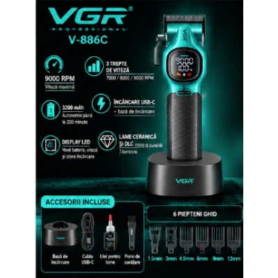 Masina de Tuns Profesionala VGR V 886C VERDE de 9000 RPM 3200mAh display LED baza de incarcare
