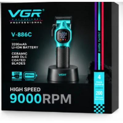 Masina de Tuns Profesionala VGR V 886C VERDE de 9000 RPM 3200mAh display LED baza de incarcare