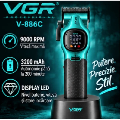 Masina de Tuns Profesionala VGR V 886C VERDE de 9000 RPM 3200mAh display LED baza de incarcare