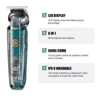 Aparat de ras electric multifunctional 6 in 1 VGR V 102 display digital LED 5 capete 11 Piepteni