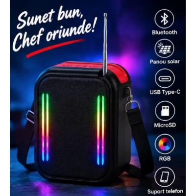 Boxa Portabila SD L113 de 10W bluetooth solara USB RGB Suport Telefon