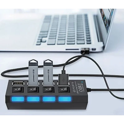 Hub USB cu 4 Porturi si intrerupatoare Individuale LED Albastru