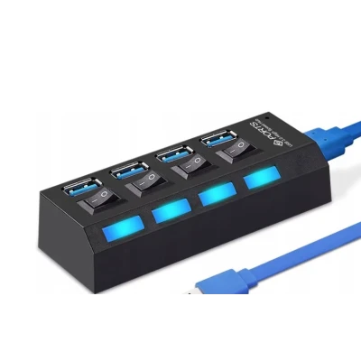 Hub USB cu 4 Porturi si intrerupatoare Individuale LED Albastru