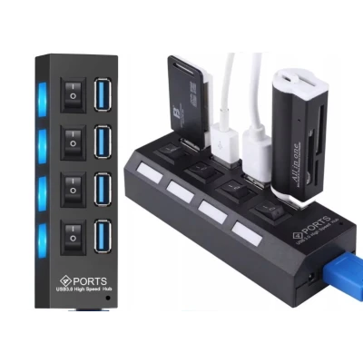 Hub USB cu 4 Porturi si intrerupatoare Individuale LED Albastru
