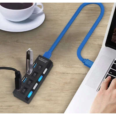 Hub USB cu 4 Porturi si intrerupatoare Individuale LED Albastru