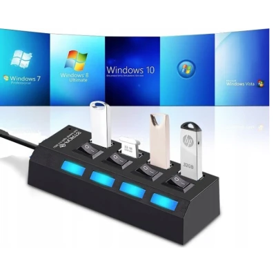 Hub USB cu 4 Porturi si intrerupatoare Individuale LED Albastru