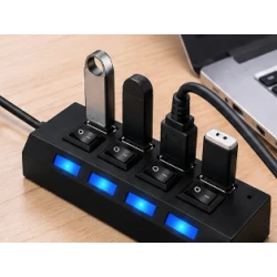 Hub USB cu 4 Porturi si intrerupatoare Individuale LED Albastru