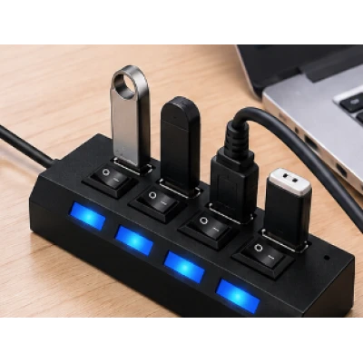 Hub USB cu 4 Porturi si intrerupatoare Individuale LED Albastru