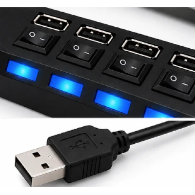 Hub USB cu 4 Porturi si intrerupatoare Individuale LED Albastru