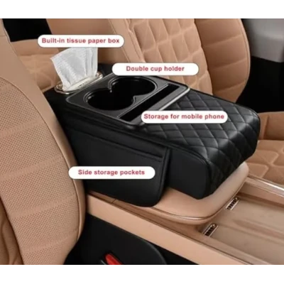 Organizator pentru cotiera auto 2 in 1 cu suport dublu pentru pahare compartiment pentru servetele si buzunar lateral