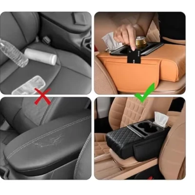 Organizator pentru cotiera auto 2 in 1 cu suport dublu pentru pahare compartiment pentru servetele si buzunar lateral