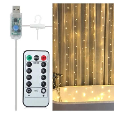 Instalatie Luminoasa Perdea LED 3 x 3 m cu 300 LED ALB CALD Telecomanda USB 10 siruri 1500 19