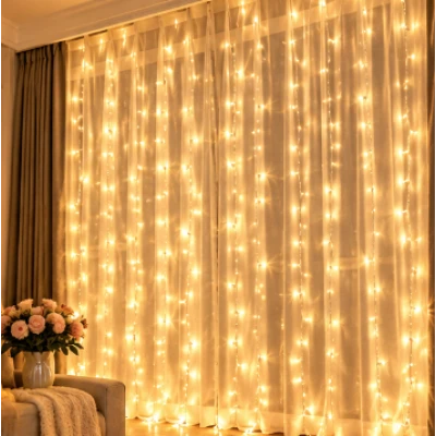 Instalatie Luminoasa Perdea LED 3 x 3 m cu 300 LED ALB CALD Telecomanda USB 10 siruri 1500 19