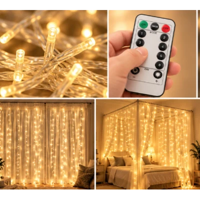 Instalatie Luminoasa Perdea LED 3 x 3 m cu 300 LED ALB CALD Telecomanda USB 10 siruri 1500 19