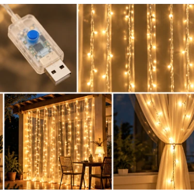 Instalatie Luminoasa Perdea LED 3 x 3 m cu 300 LED ALB CALD Telecomanda USB 10 siruri 1500 19