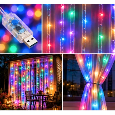 Instalatie Luminoasa Perdea LED 3 x 3 m cu 300 LED MULTICOLOR Telecomanda USB 10 siruri 1500 19