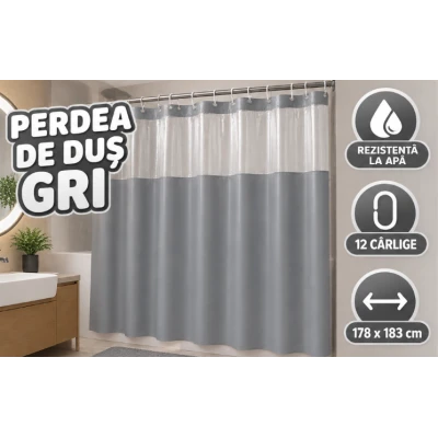 Perdea de Dus GRI din PEVA cu 12 Inele 178 x 183 cm Rezistenta la Apa
