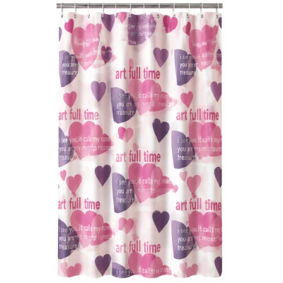 Perdea de dus PEVA 180 x 180 cm cu INIMI MOV SI ROZ cu 12 inele
