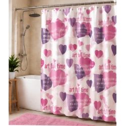 Perdea de dus PEVA 180 x 180 cm cu INIMI MOV SI ROZ cu 12 inele