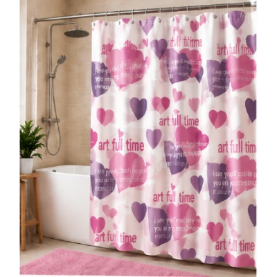 Perdea de dus PEVA 180 x 180 cm cu INIMI MOV SI ROZ cu 12 inele
