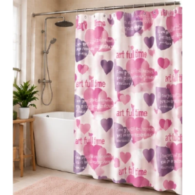 Perdea de dus PEVA 180 x 180 cm cu INIMI MOV SI ROZ cu 12 inele