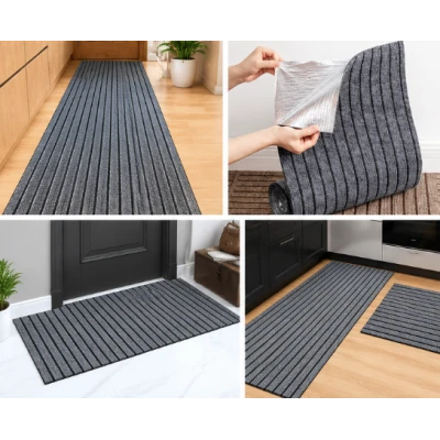 Rola Covoras Antiderapant Autoadeziv pentru Hol si Interior GRI cu Dungi Negre 40 × 300 cm