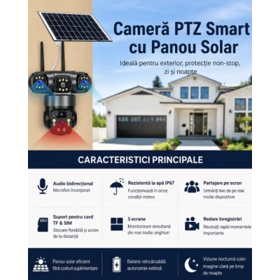 Camera de Supraveghere JE 195 Solara 4G cu 3 Obiective 3 Ecrane PTZ 355 de 12MP WiFi SIM Audio Bidirectional si Vedere Nocturna