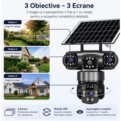 Camera de Supraveghere JE 195 Solara 4G cu 3 Obiective 3 Ecrane PTZ 355 de 12MP WiFi SIM Audio Bidirectional si Vedere Nocturna
