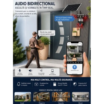 Camera de Supraveghere JE 195 Solara 4G cu 3 Obiective 3 Ecrane PTZ 355 de 12MP WiFi SIM Audio Bidirectional si Vedere Nocturna