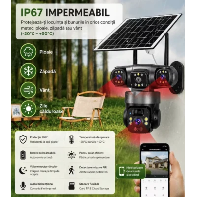 Camera de Supraveghere JE 195 Solara 4G cu 3 Obiective 3 Ecrane PTZ 355 de 12MP WiFi SIM Audio Bidirectional si Vedere Nocturna