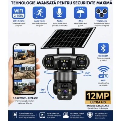 Camera de Supraveghere JE 195 Solara 4G cu 3 Obiective 3 Ecrane PTZ 355 de 12MP WiFi SIM Audio Bidirectional si Vedere Nocturna